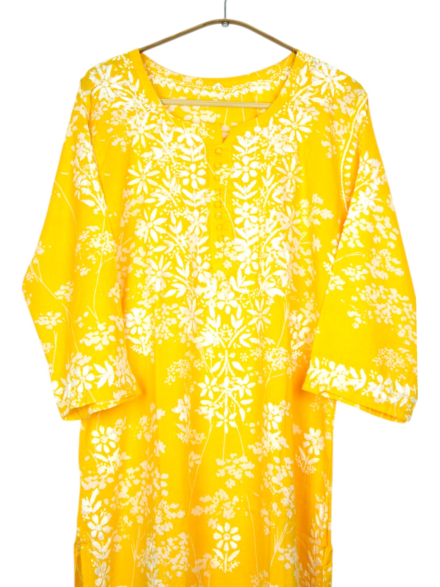 YELLOW MULMUL PRINTED LONG KURTA