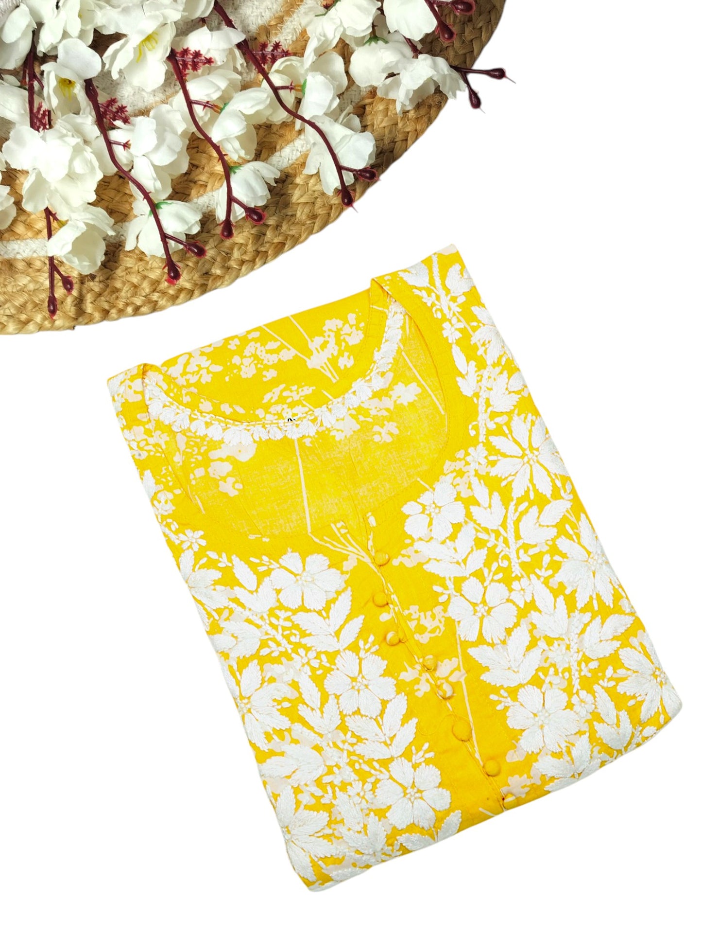 YELLOW MULMUL PRINTED LONG KURTA