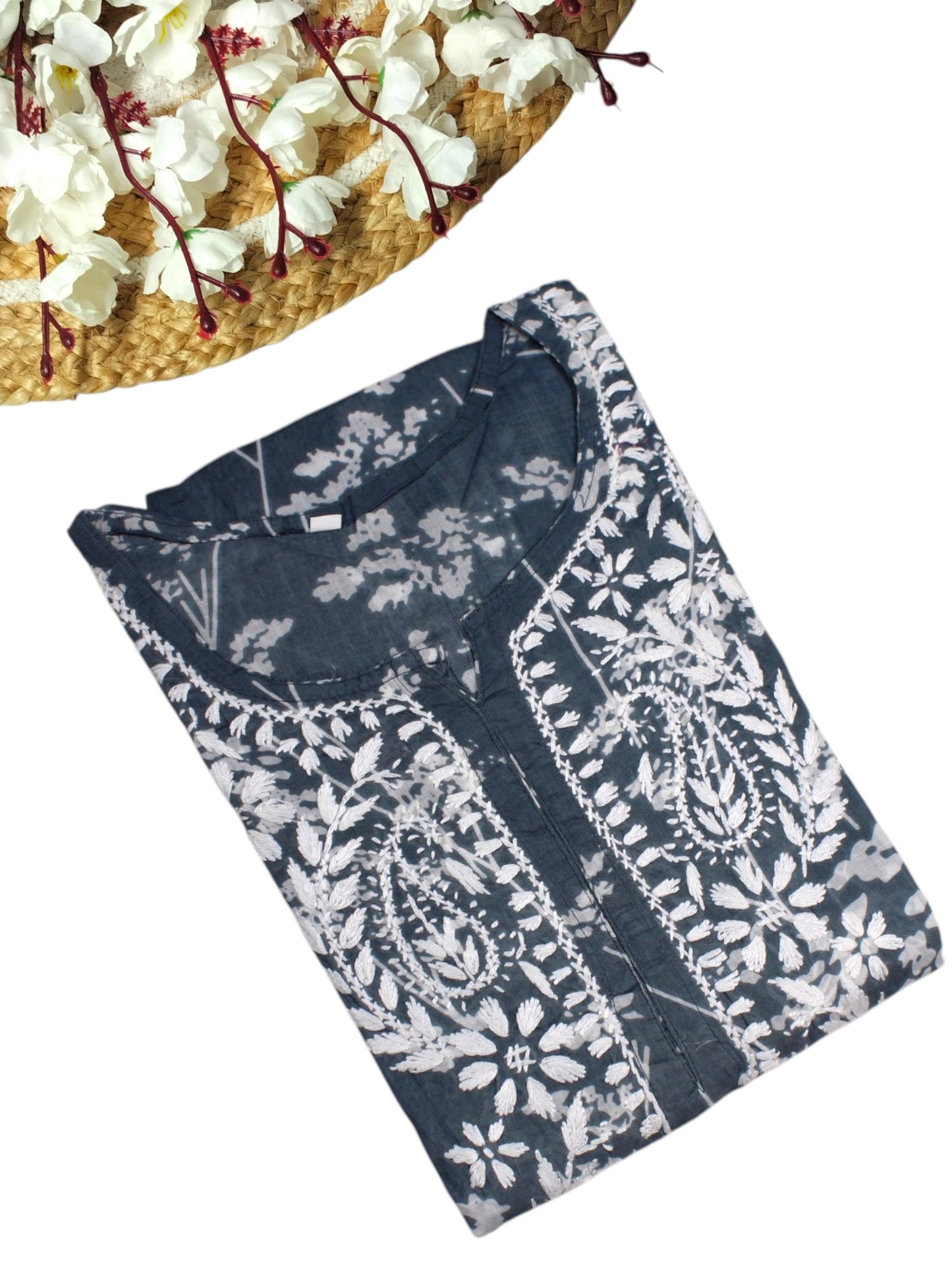 GREY MULMUL PRINTED LONG KURTA