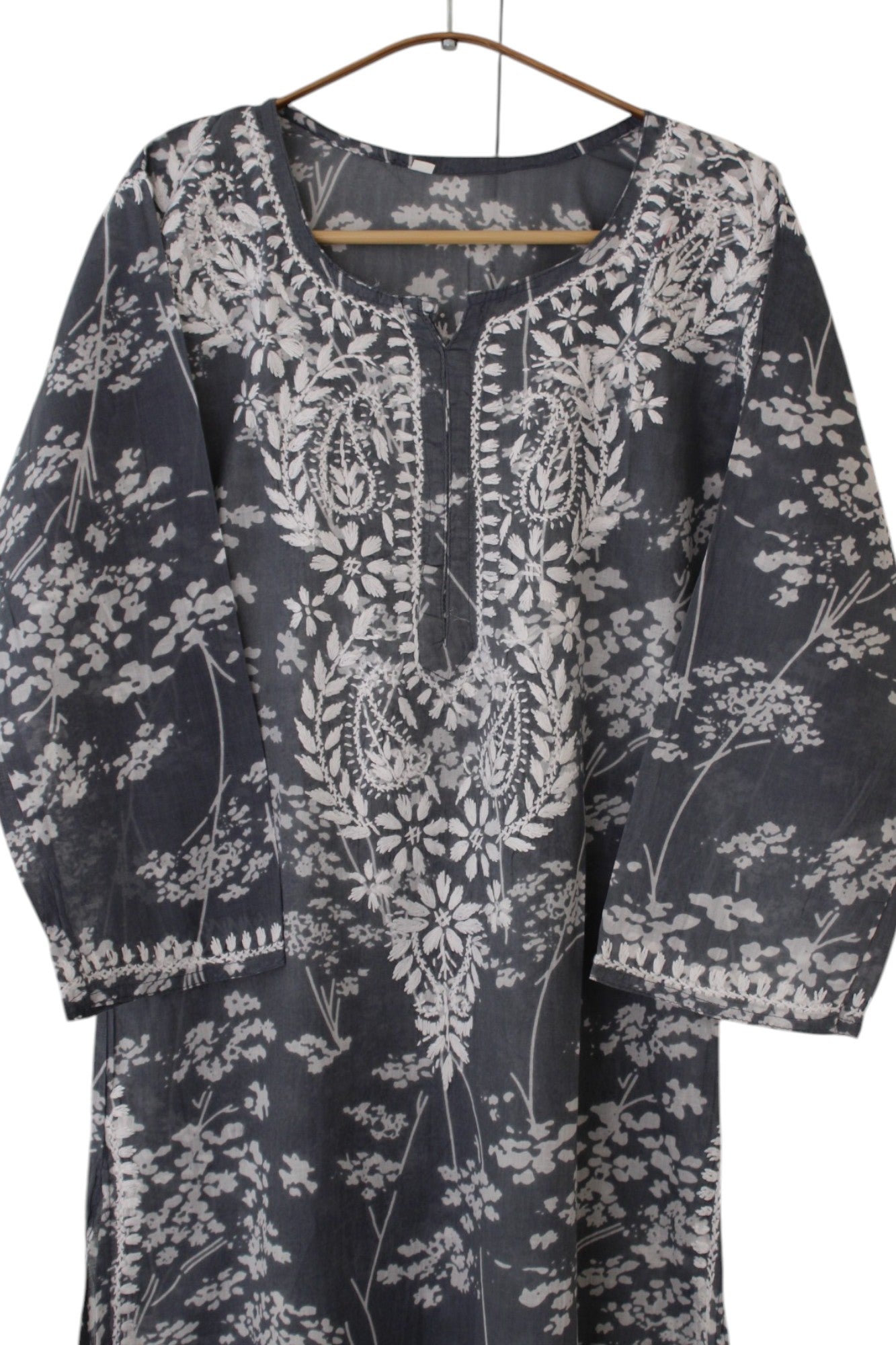GREY MULMUL PRINTED LONG KURTA
