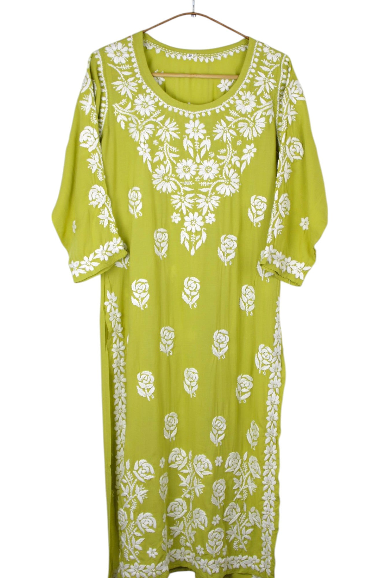 LIME GREEN MODAL LONG KURTA WITH 3D CHIKANKARI