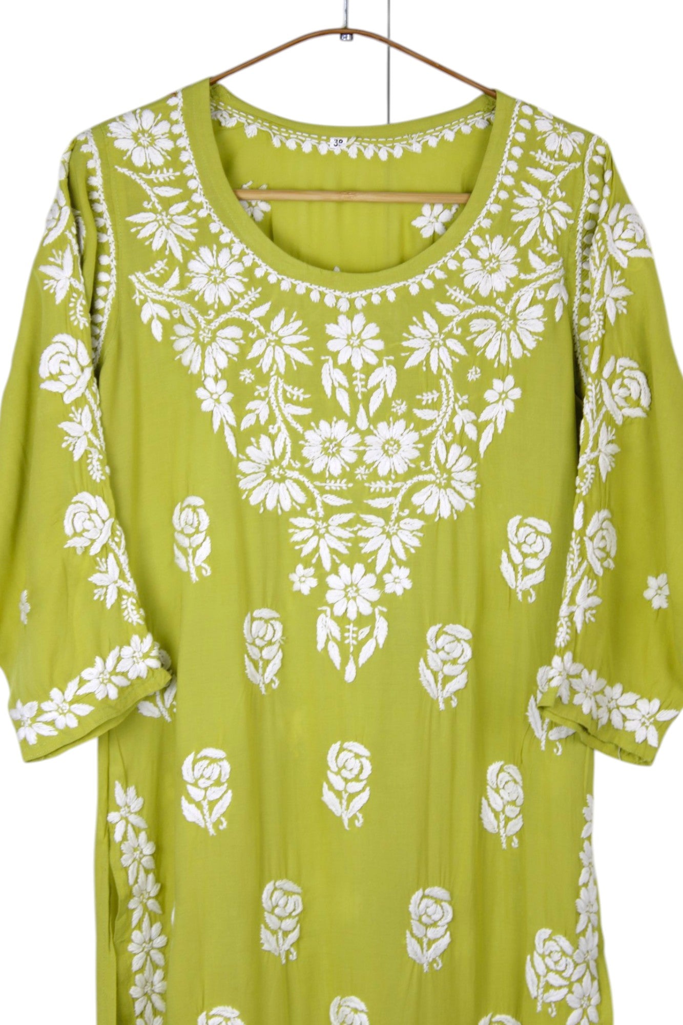 LIME GREEN MODAL LONG KURTA WITH 3D CHIKANKARI