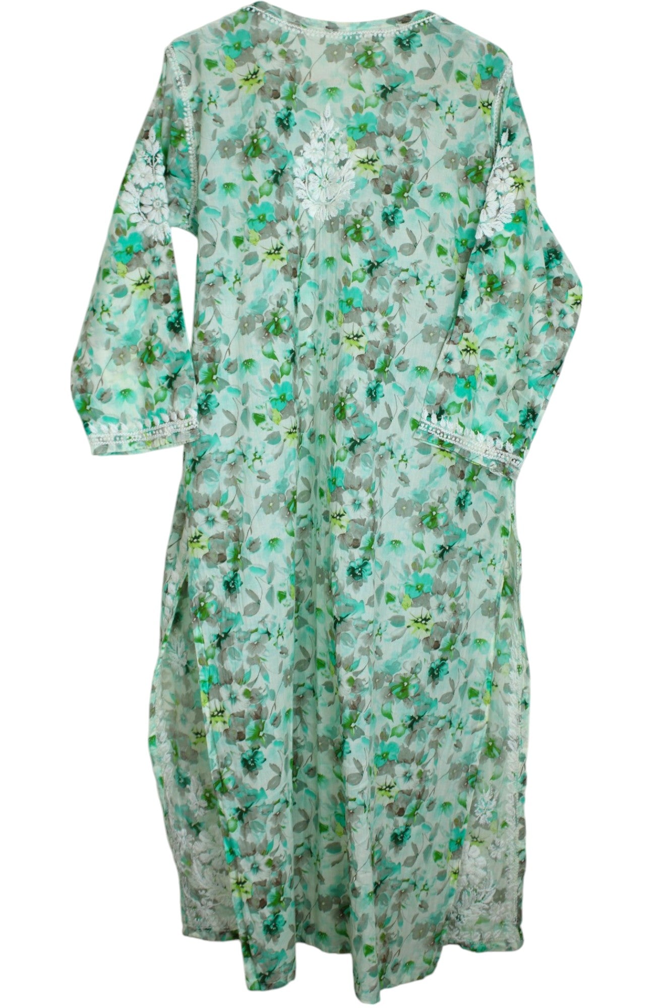 HANA MINT GREEN MULMUL LONG KURTA WITH 3D CHIKANKARI