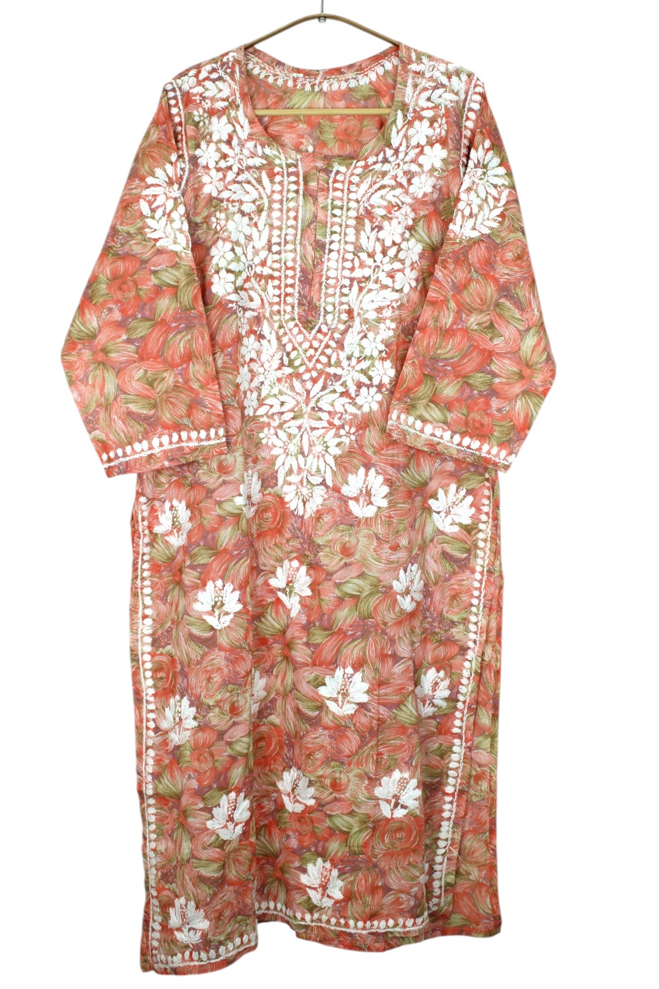 LIYANA ORANGE MULMUL LONG KURTA WITH 3D CHIKANKARI