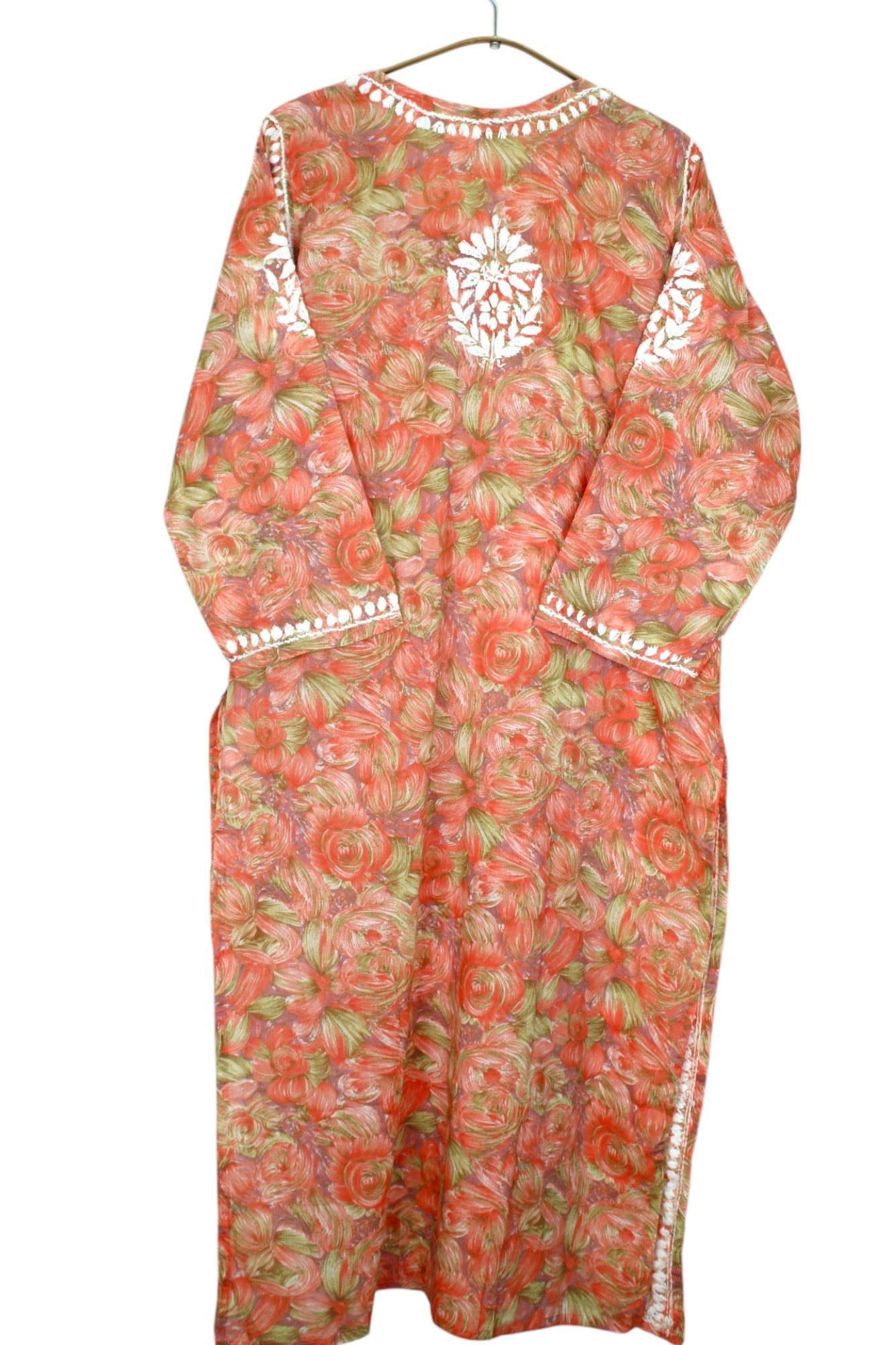 LIYANA ORANGE MULMUL LONG KURTA WITH 3D CHIKANKARI