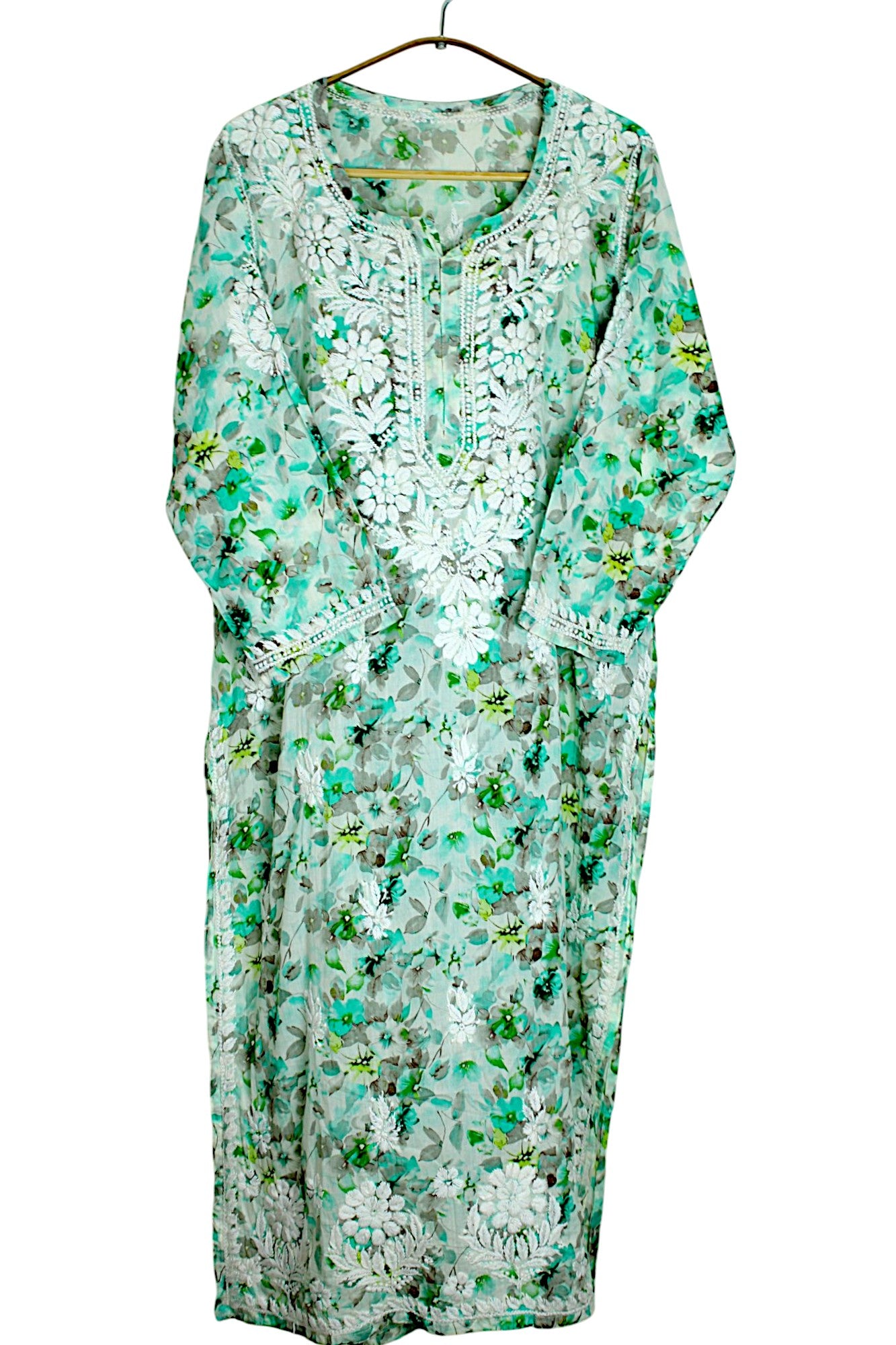 HANA MINT GREEN MULMUL LONG KURTA WITH 3D CHIKANKARI