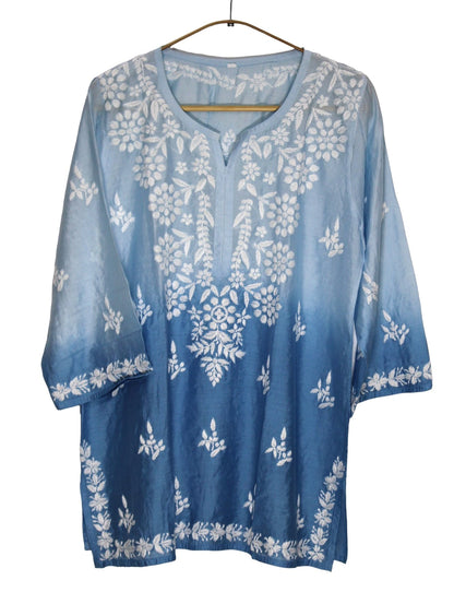 BLUE CHANDERI SILK DUAL SHADE SHORT KURTA