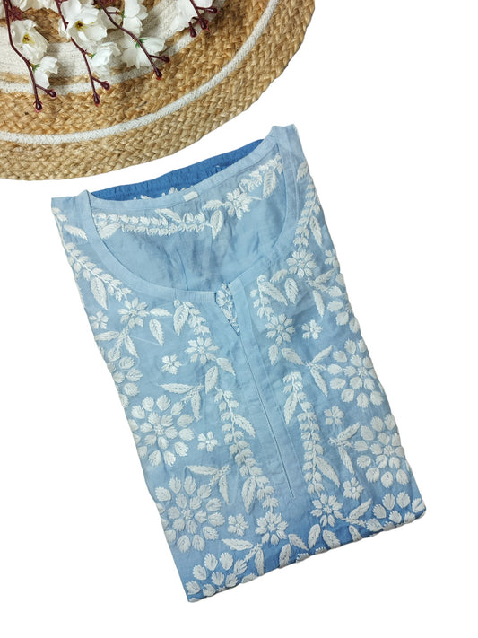BLUE CHANDERI SILK DUAL SHADE SHORT KURTA