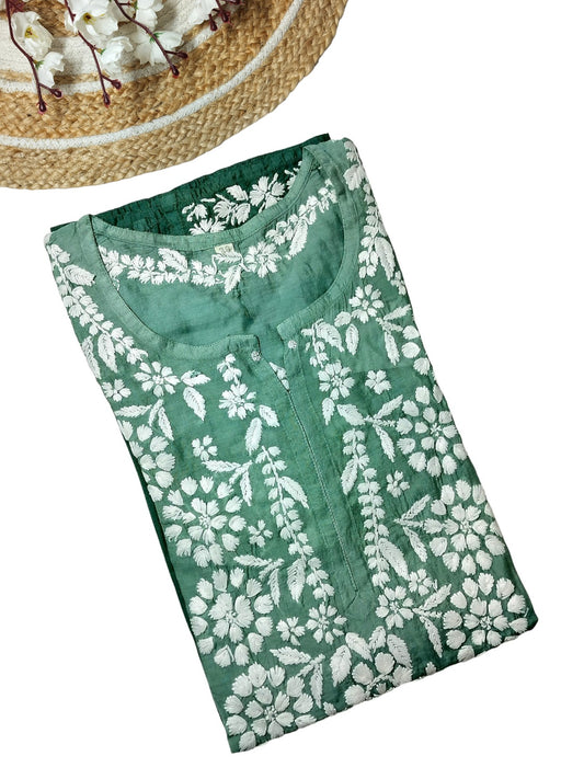 GREEN CHANDERI SILK DUAL SHADE SHORT KURTA