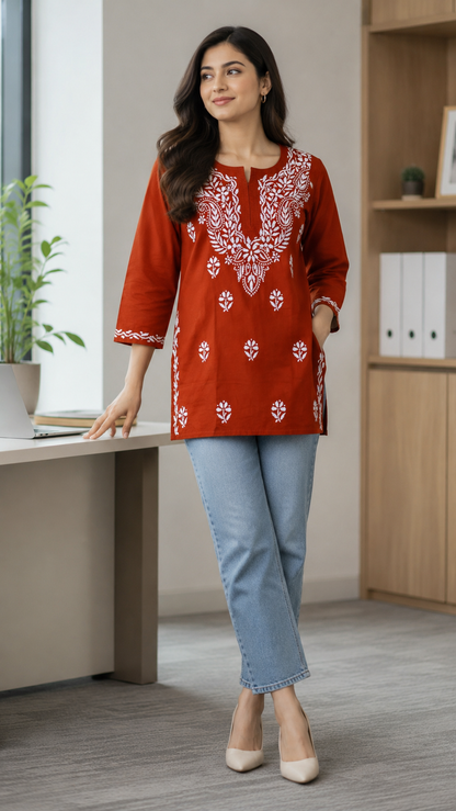 SUHANI RUST RED COTTON SHORT KURTA
