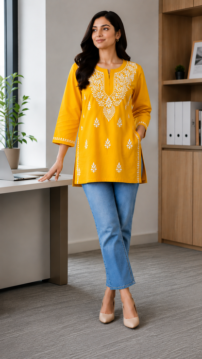 SUHANI YELLOW RED COTTON SHORT KURTA
