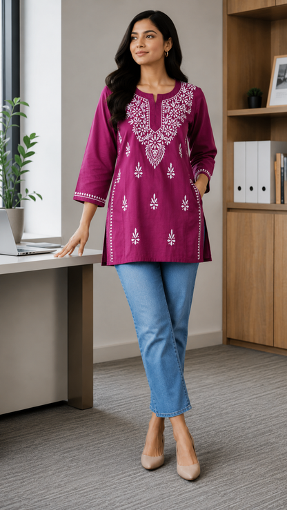 SUHANI WINE PINK RED COTTON SHORT KURTA