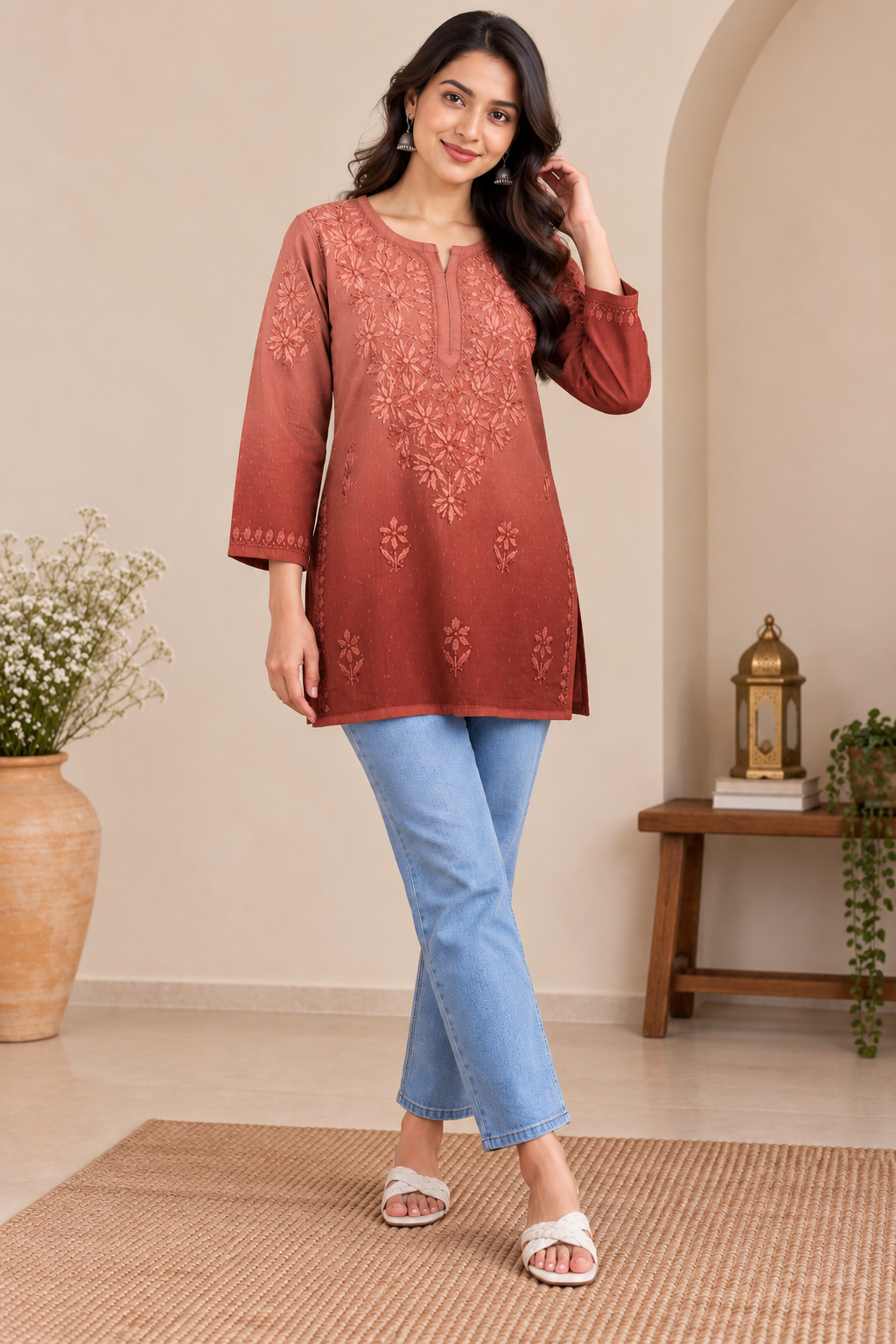 RUBINA RUST COTTON OMBRE SHORT KURTA