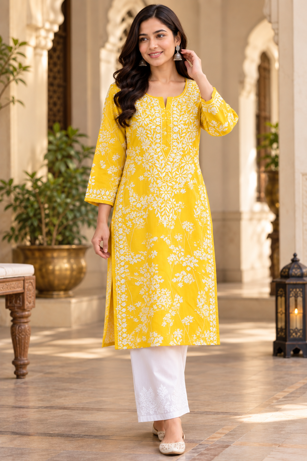 HUBA YELLOW MULMUL PRINTED LONG KURTA