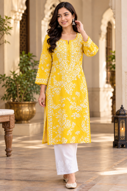 HUBA YELLOW MULMUL PRINTED LONG KURTA