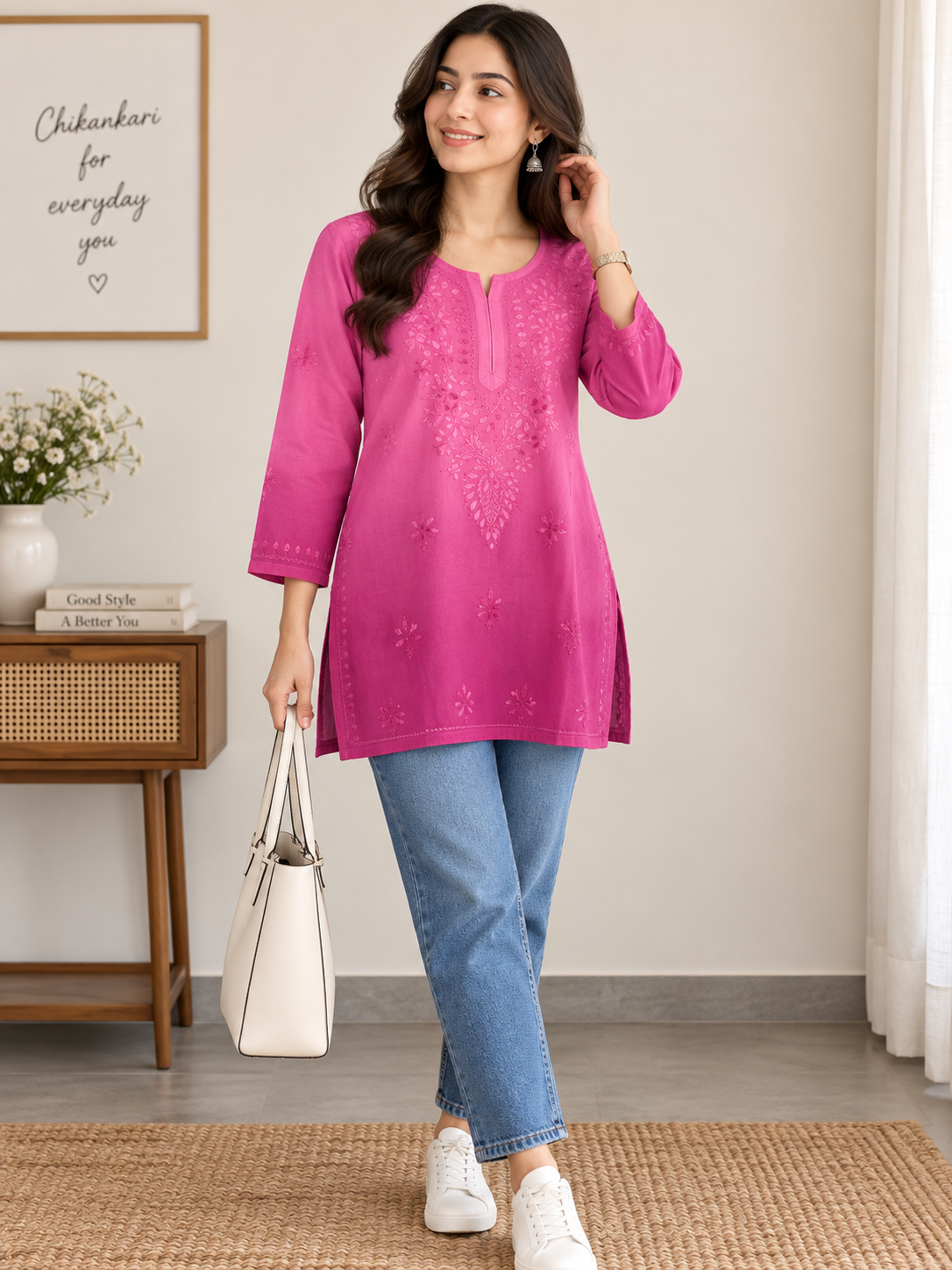 KIARA BRIGHT PINK RAYON OMBRE SHADE SHORT KURTA