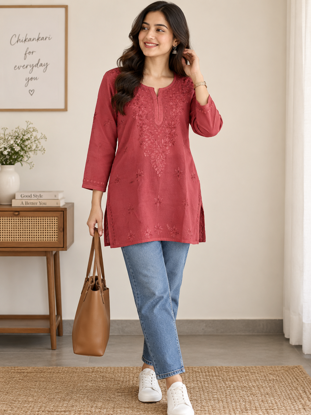 KIARA BRICK RED RAYON OMBRE SHADE  SHORT KURTA