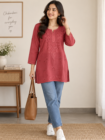 KIARA BRICK RED RAYON OMBRE SHADE  SHORT KURTA