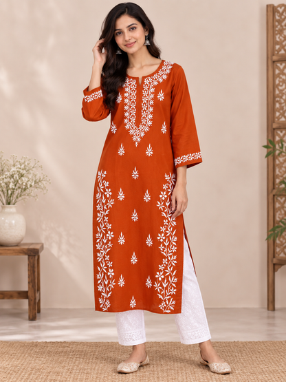 ZOYA RUST ORANGE COTTON LONG KURTA