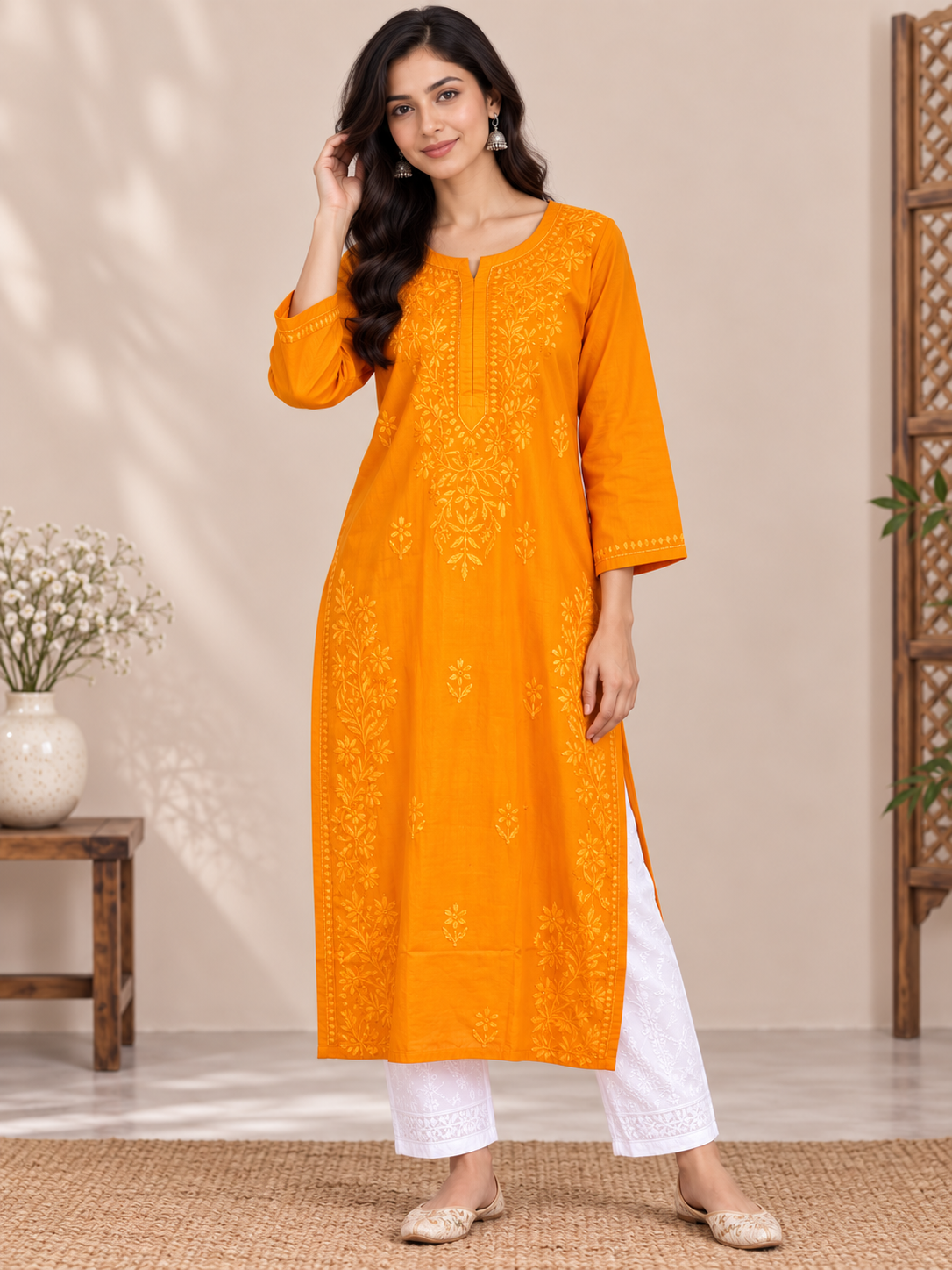 KIRAN SAFFRON ORANGE COTTON LONG KURTA
