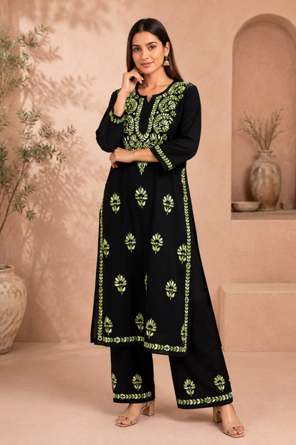 RIVYA BLACK & GREEN RAYON KURTA SET