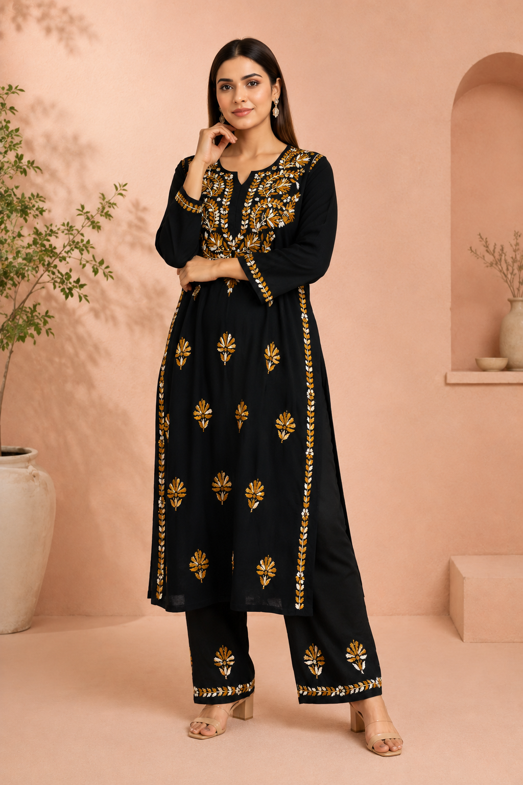 RIVYA BLACK & VINTAGE GOLD RAYON KURTA SET