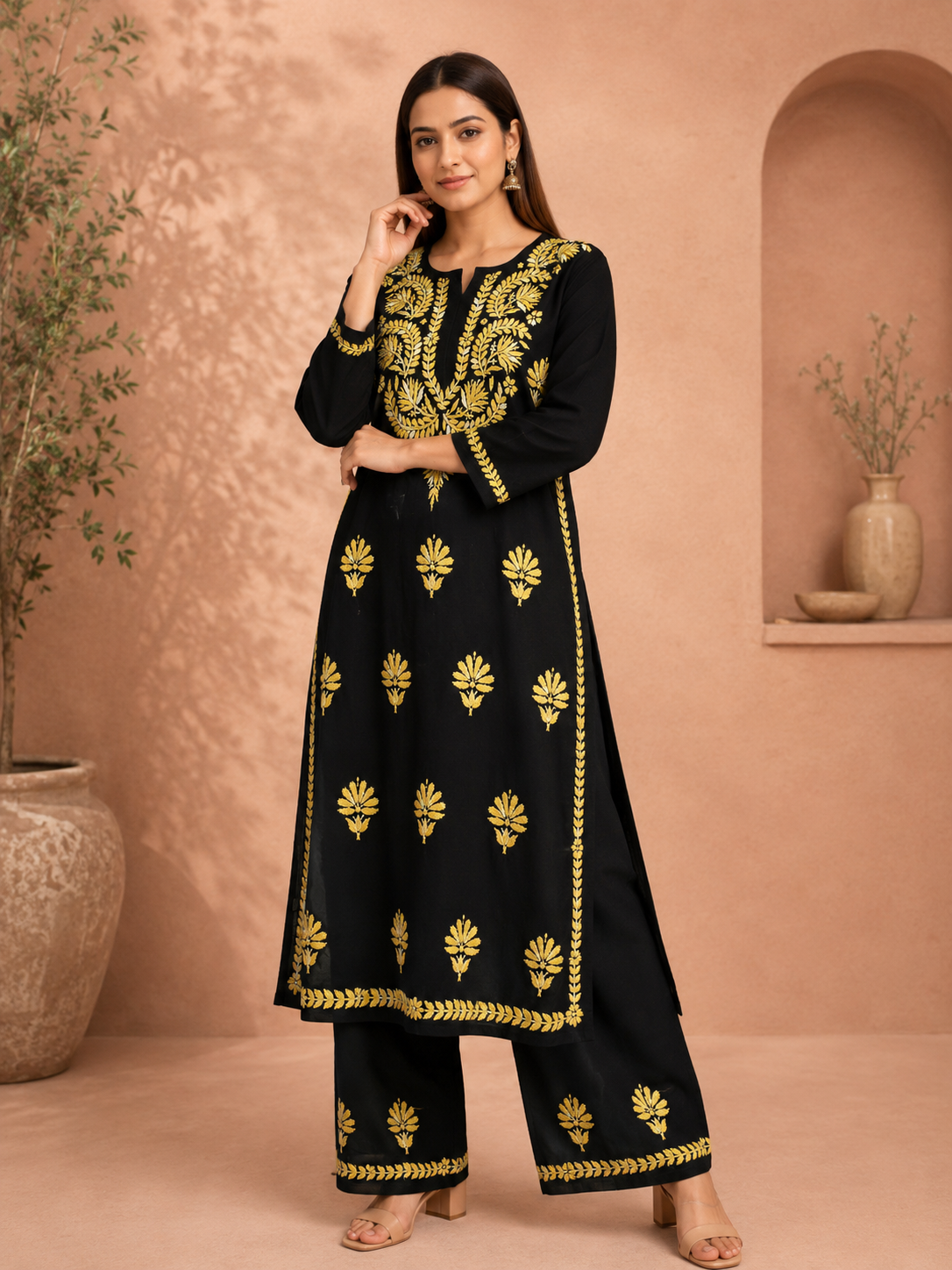 RIVYA BLACK & YELLOW RAYON KURTA SET