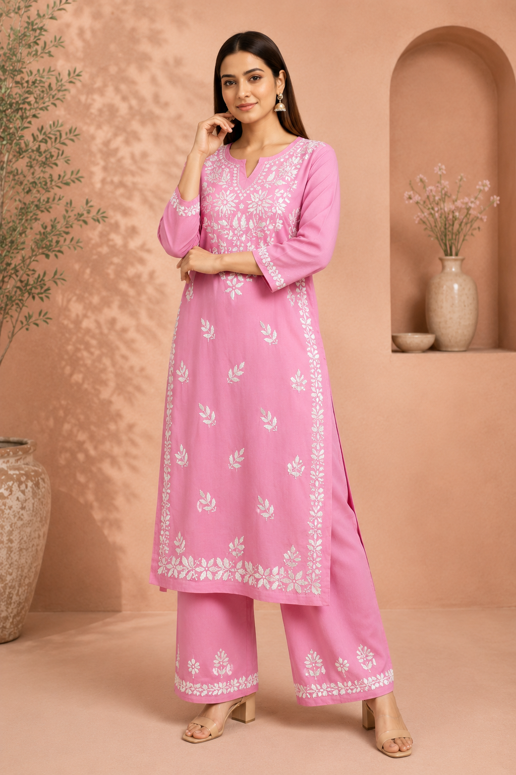RABIA BABY PINK KURTA SET WITH FLORAL CHIKANKARI