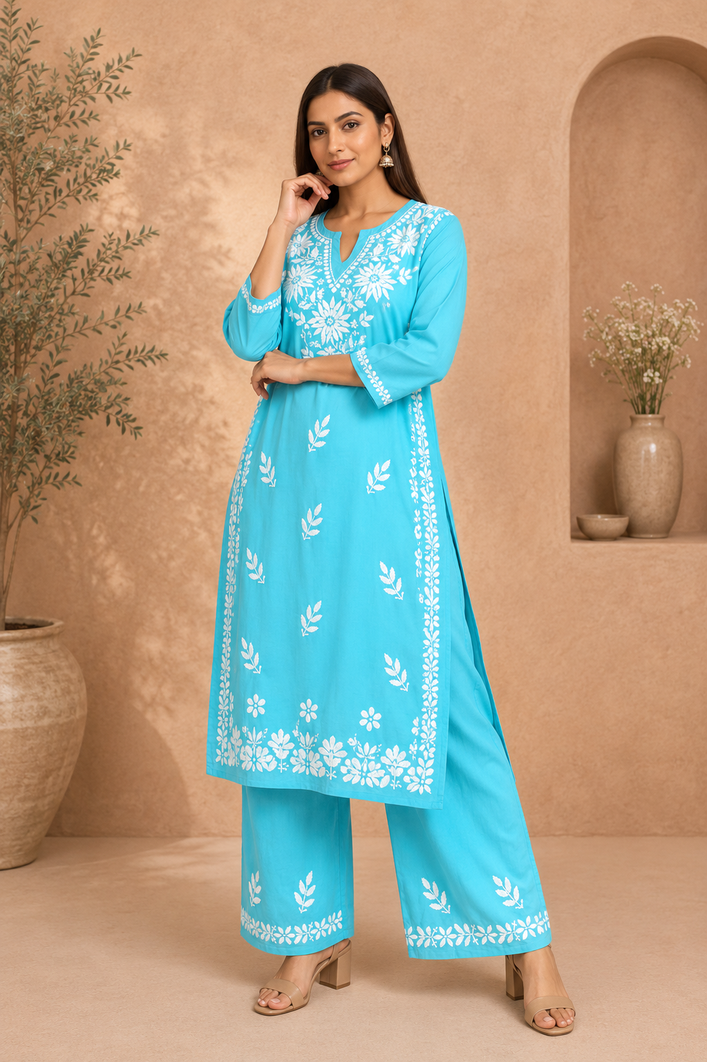 RABIA SKY BLUE KURTA SET WITH FLORAL CHIKANKARI