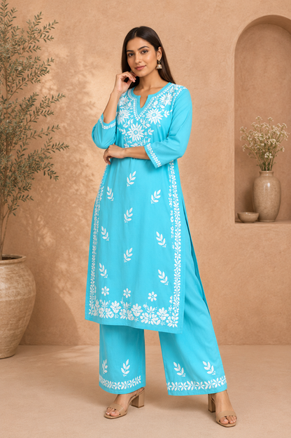 RABIA SKY BLUE KURTA SET WITH FLORAL CHIKANKARI