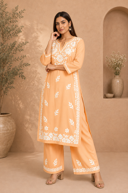 RABIA MELON ORANGE KURTA SET WITH FLORAL CHIKANKARI
