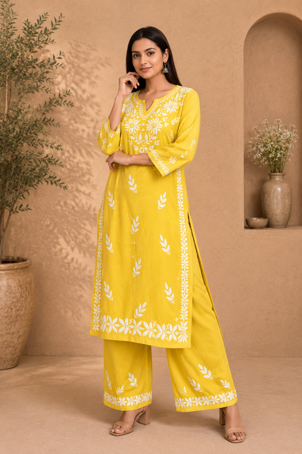 RABIA YELLOW KURTA SET WITH FLORAL CHIKANKARI