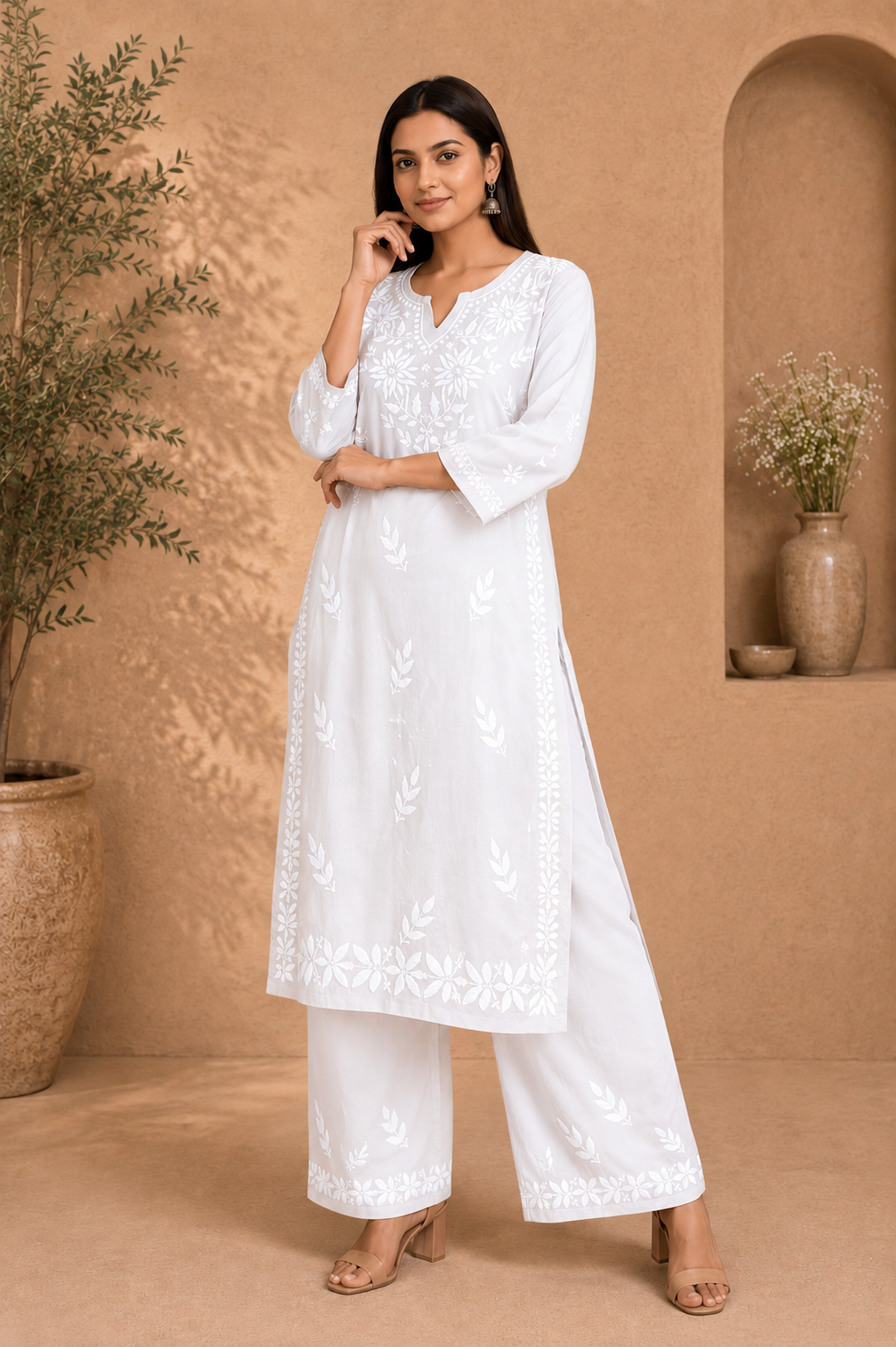 RABIA WHITE KURTA SET WITH FLORAL CHIKANKARI