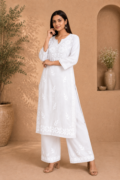 RABIA WHITE KURTA SET WITH FLORAL CHIKANKARI