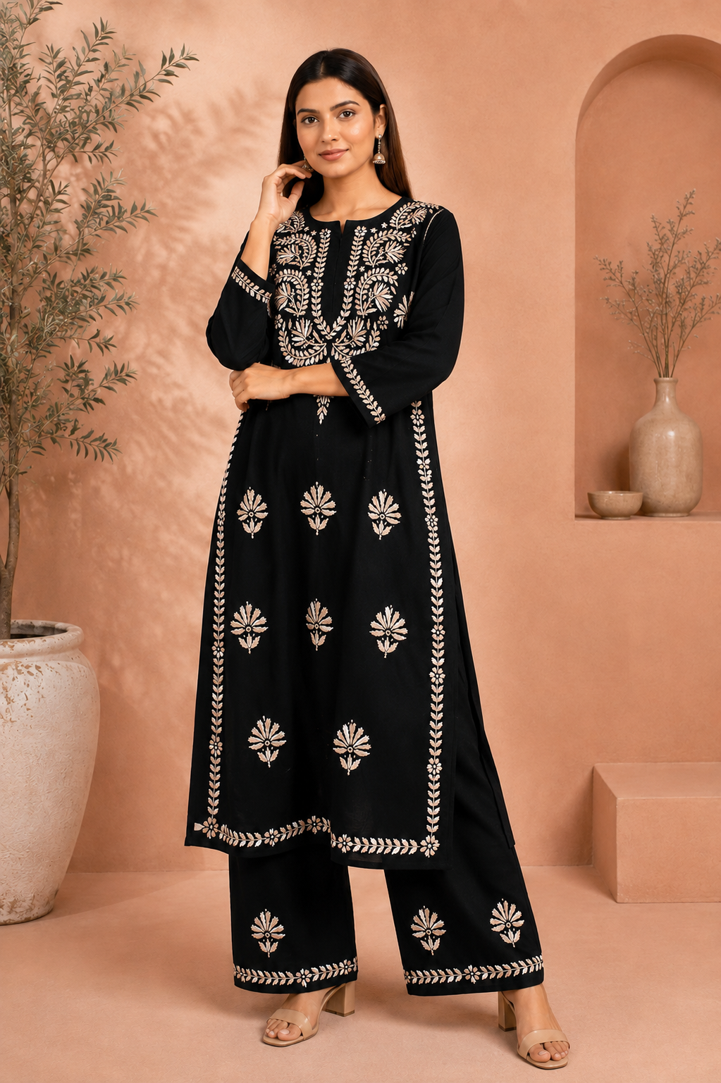 RIVYA BLACK & BEIGE RAYON KURTA SET