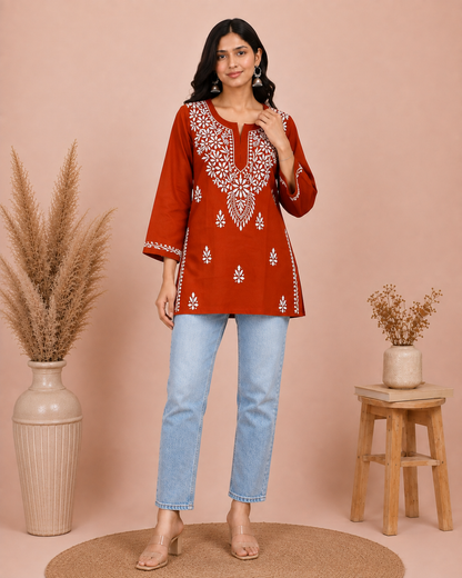 SUHANI RUST RED COTTON SHORT KURTA