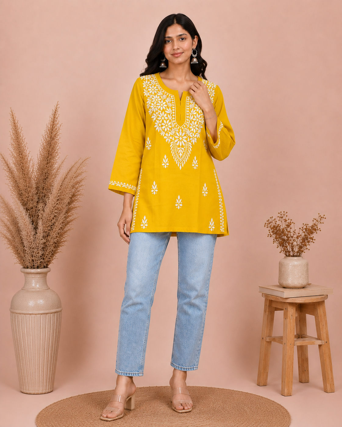 SUHANI YELLOW RED COTTON SHORT KURTA