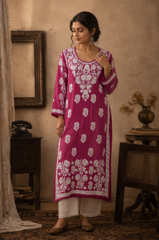 YUSRA ROSE PINK MODAL LONG KURTA WITH 3D CHIKANKARI