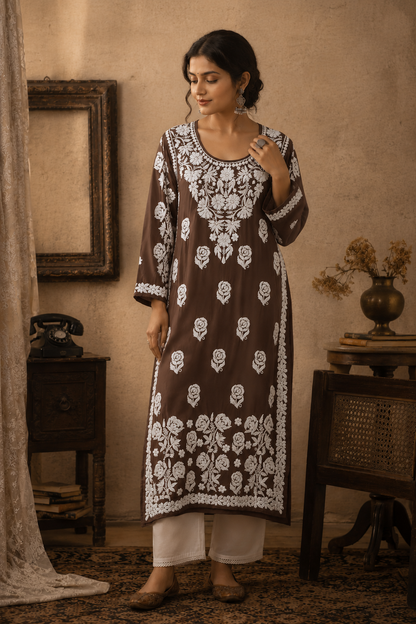 YUSRA BROWN MODAL LONG KURTA WITH 3D CHIKANKARI