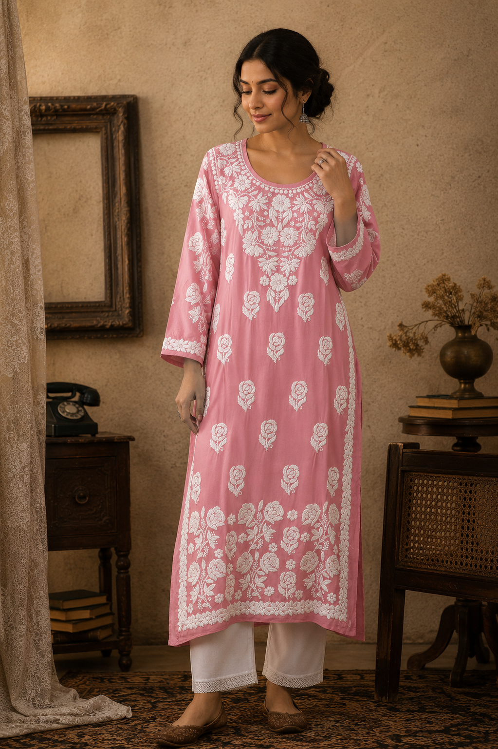 YUSRA POWDER PINK MODAL LONG KURTA WITH 3D CHIKANKARI