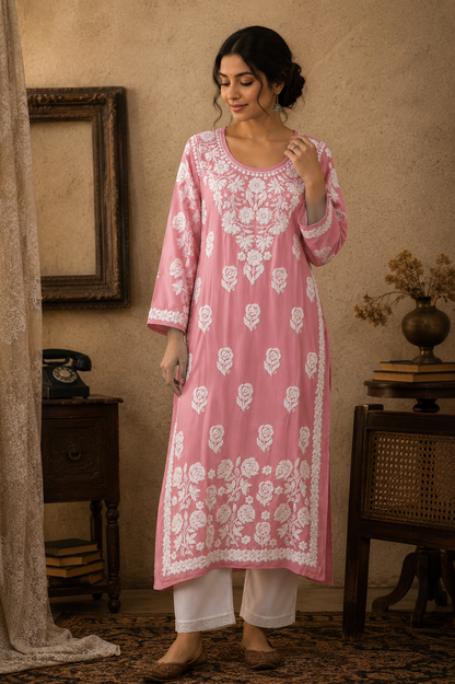 YUSRA POWDER PINK MODAL LONG KURTA WITH 3D CHIKANKARI