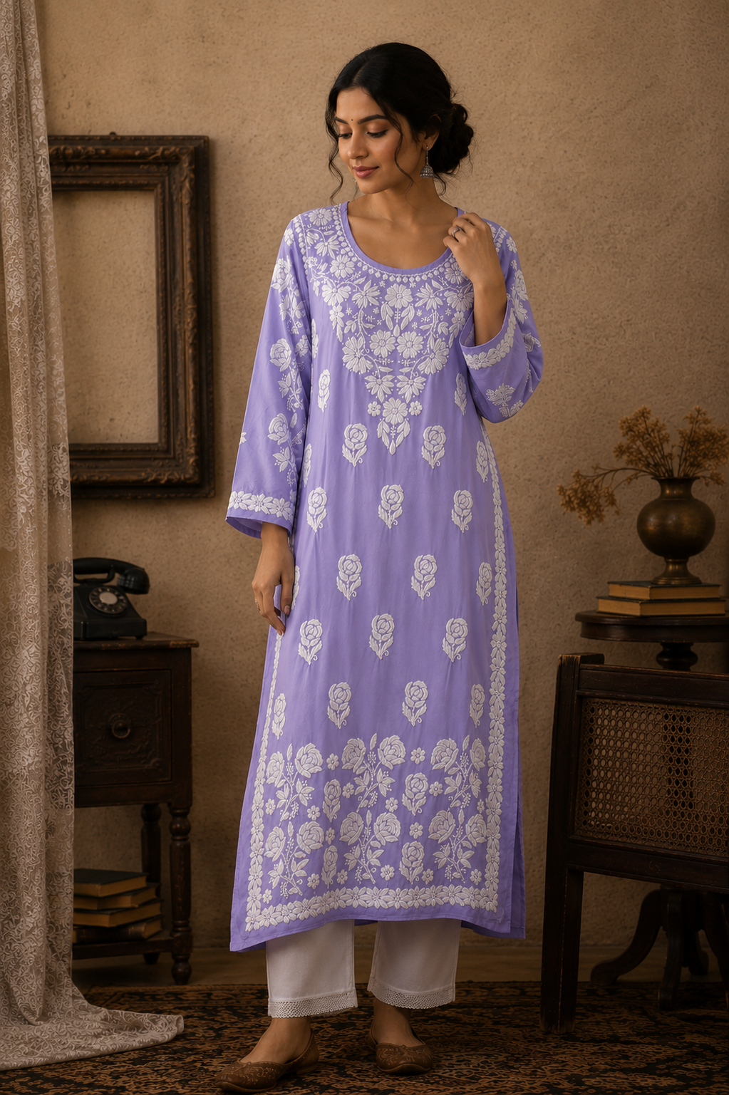 YUSRA LAVENDER MODAL LONG KURTA WITH 3D CHIKANKARI