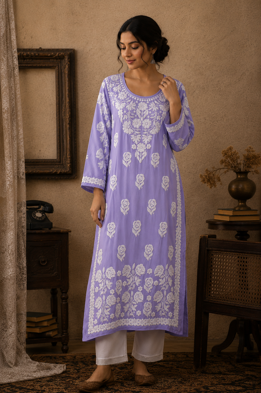 YUSRA LAVENDER MODAL LONG KURTA WITH 3D CHIKANKARI