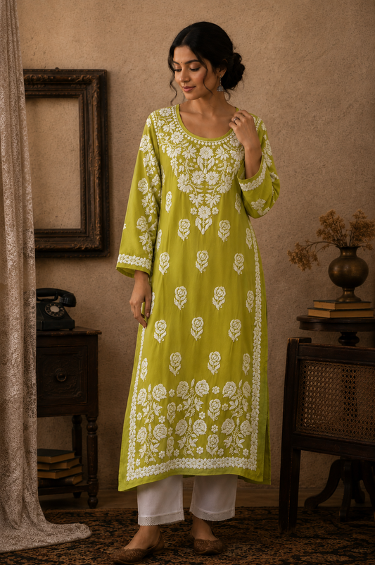 YUSRA LIME GREEN MODAL LONG KURTA WITH 3D CHIKANKARI