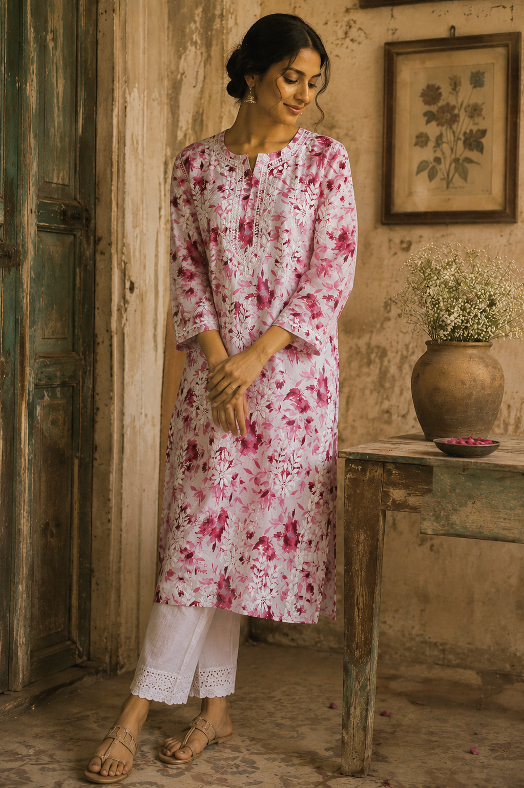 SABA PINK MULMUL PRINTED LONG KURTA