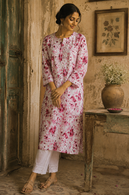 SABA PINK MULMUL PRINTED LONG KURTA