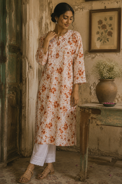 SABA ORANGE MULMUL PRINTED LONG KURTA