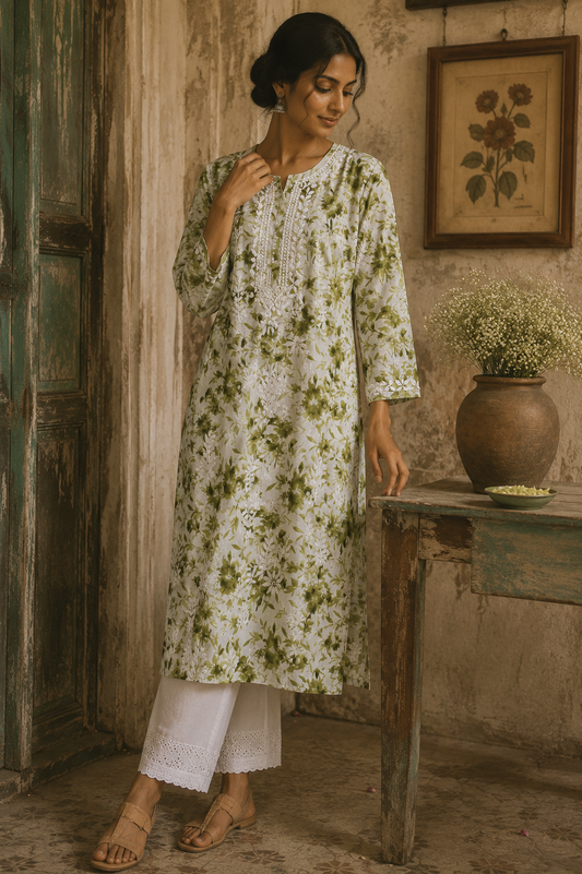 SABA OLIVE GREEN MULMUL PRINTED LONG KURTA
