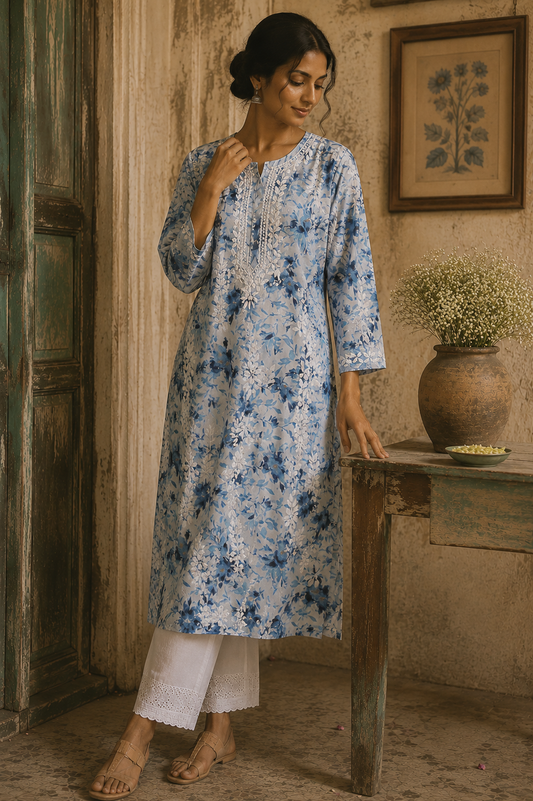 SABA ICE BLUE MULMUL PRINTED LONG KURTA