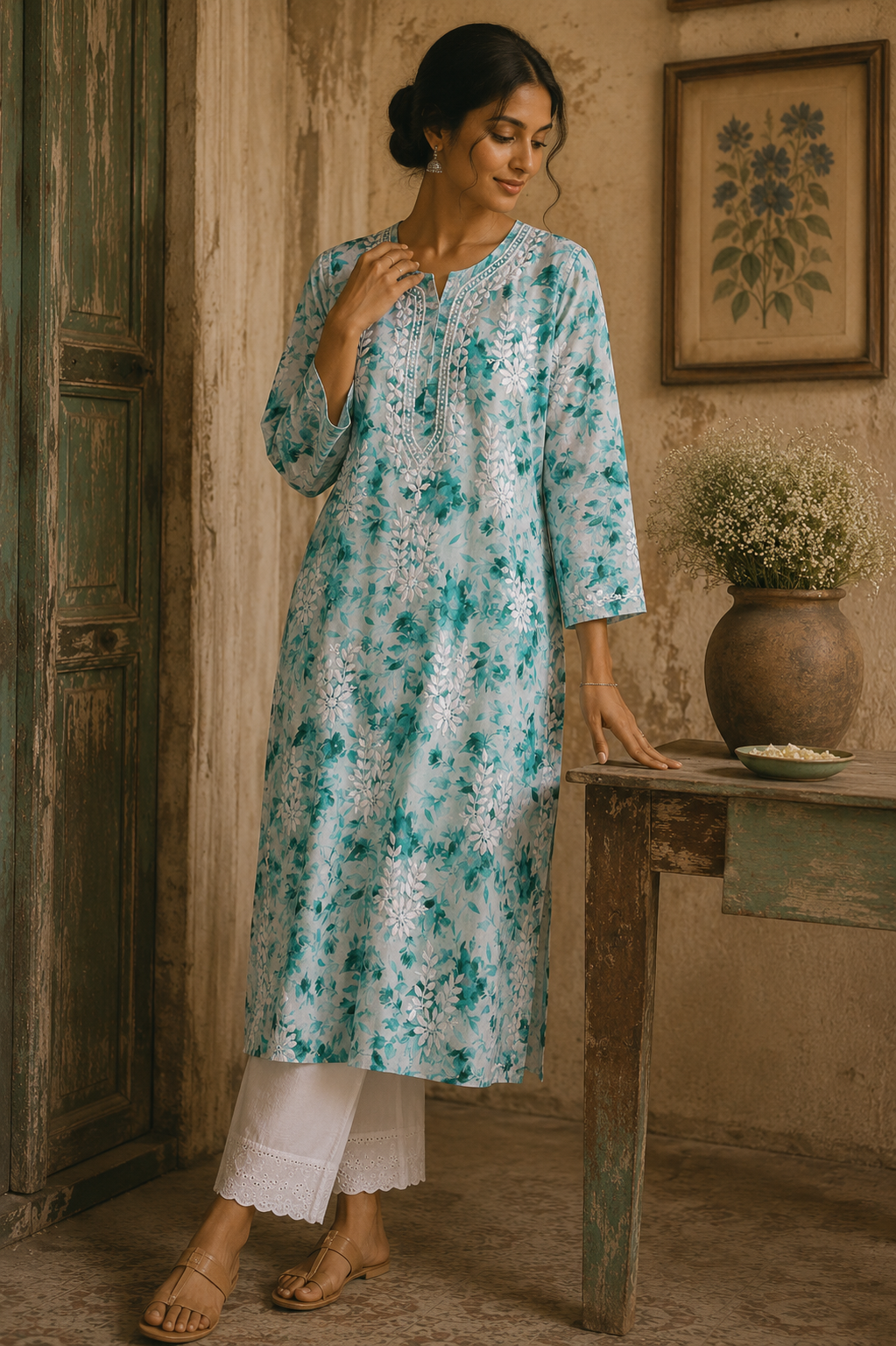SABA MINT GREEN MULMUL PRINTED LONG KURTA